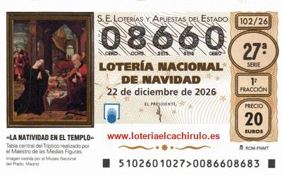 Anverso del d&eacute;cimo 08660 de la Loter&iacute;a de Navidad 2026, de Talavera de la Reina (Toledo)
